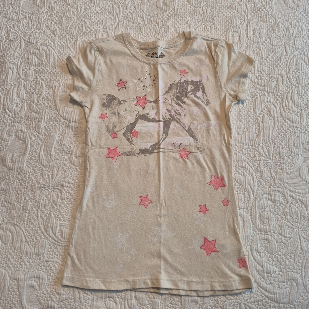 Mudd girls size 14 or Large light tan horse designed short sleeve shirt VGUC